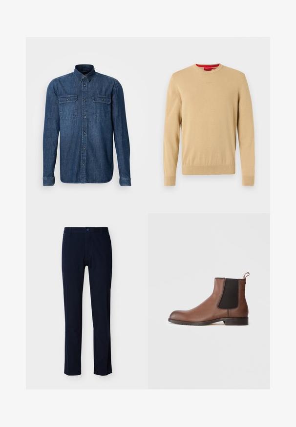Jersey beige de hombre con cuello redondo, mangas largas, puños y dobladillo acanalados, y un logo sutil bordado en el pecho.; Camisa de mezclilla de manga larga, azul oscuro, con dos bolsillos en el pecho con cierre de solapa, cierre de botones en la parte delantera, cuello con solapa y detalles cosidos en los puños.; Pantalones de algodón azul marino con frente plano, piernas rectas, cremallera y cierre con un solo botón. Sin patrones o detalles visibles.; Botín Chelsea de cuero marrón con un acabado texturizado, paneles laterales elásticos y una lengüeta. Presenta una suela de goma para proporcionar tracción.