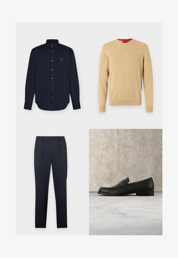 Pull beige pour homme à col rond, manches longues, bords-côtes aux poignets et à l'ourlet, avec un logo discret brodé sur la poitrine.; Chemise noire à manches longues avec boutons et col, avec écusson du logo Boss sur la poitrine gauche, présentée sur un fond clair uni.; Pantalon bleu marine foncé avec une coupe ajustée, comprenant des plis à l'avant, des passants pour ceinture et une silhouette à jambe droite. Texture lisse et coupe classique.; Mocassin en cuir noir flottant au-dessus d'un tapis beige avec une table ronde brune brillante en arrière-plan.