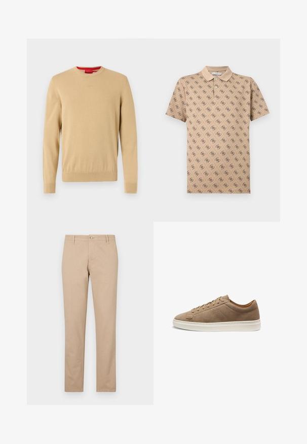 Pull beige pour homme à col rond, manches longues, bords-côtes aux poignets et à l'ourlet, avec un logo discret brodé sur la poitrine.; Polo beige à manches courtes avec un motif de logos foncés sur l'ensemble et un col avec deux boutons.; Pantalon beige en coton avec une coupe droite, doté d'une fermeture à bouton à l'avant, de poches latérales et de détails texturés subtils.; Baskets basses en daim beige avec fermeture à lacets sur le devant et semelle en caoutchouc blanche, vue de côté, coutures minimales et logo de la marque en relief.