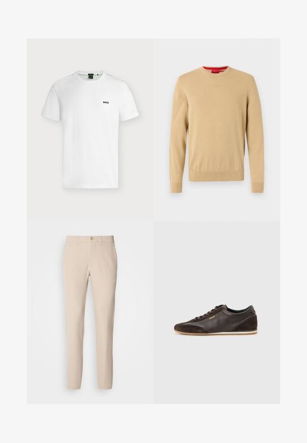 Pull beige pour homme à col rond, manches longues, bords-côtes aux poignets et à l'ourlet, avec un logo discret brodé sur la poitrine.; T-shirt blanc uni à manches courtes avec un petit logo noir "BOSS" sur la poitrine gauche, présenté sur un fond clair.; Pantalons beige en tissu doux, dotés d'une fermeture à bouton, d'une coupe droite et de poches latérales. Texture lisse avec des détails de couture minimaux.; Baskets basses en cuir marron foncé avec accents en daim, design à lacets, semelle en caoutchouc marron clair, et petit logo doré "BOSS" sur le côté.