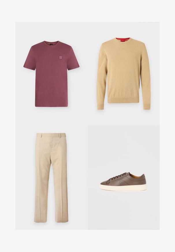 Pull beige pour homme à col rond, manches longues, bords-côtes aux poignets et à l'ourlet, avec un logo discret brodé sur la poitrine.; T-shirt manches courtes col rond en mauve atténué avec un petit patch logo carré sur la poitrine gauche.; Pantalon beige sur mesure avec passants pour ceinture, pli devant et fermeture éclair dissimulée, présenté sur un fond uni.; Baskets en cuir marron à texture lisse, semelle extérieure crème contrastante, bout arrondi et lacets marron foncé ; présente un logo discrètement embossé.