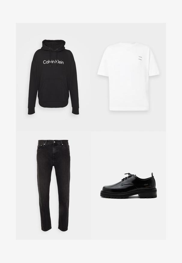 Mustmust värviline kapuutsiga sviiter, mis on valmistatud puuvilla segust. Omab eesmist taskut ja valget "Calvin Klein" logo prinditud rinnal.; Valge puuvillane T-särk, mille lõige on lõdva istuvusega, lühikesed varrukad ja V-kaelus. Vasakul küljel on kaks väikest musta trükitud logo.; Mustadest denimist valmistatud sirge lõikega teksad, millel on keskmise tõusuga vöökoht, vöörihmade kohad ja viie tasku stiil. Pehme tekstuur vähese kulumisega.; Mustast poleeritud nahast paeltega jalanõu paksu kummist tallaga ja madala kontsaga, küljes brändi nimi „SAMSOE“ ning taga tõmbenööriga.