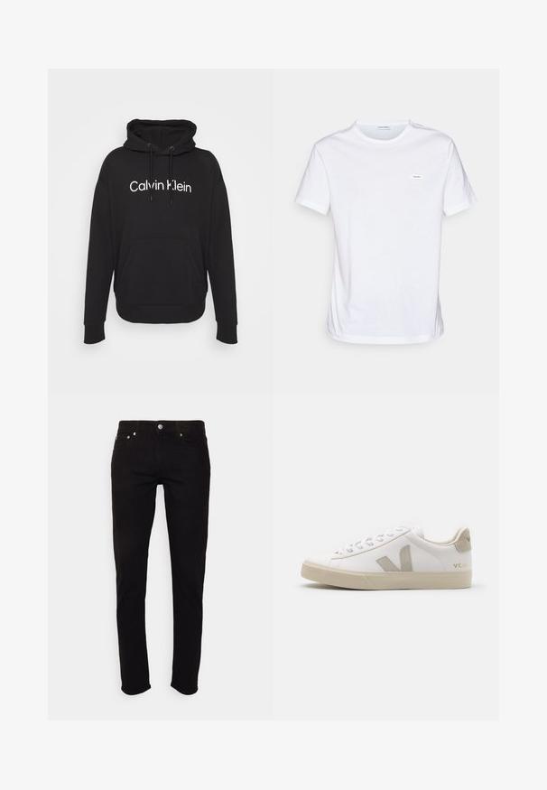 Sudadera con capucha negra hecha de una mezcla de algodón. Cuenta con un bolsillo canguro frontal y el logotipo blanco de "Calvin Klein" impreso en el pecho.; Camiseta blanca de algodón con mangas cortas, cuello redondo y una pequeña etiqueta de marca en el pecho. Textura suave y diseño minimalista.; Vaqueros negros de corte ajustado con cierre de botón y cremallera, bolsillos delanteros y traseros, mostrados sobre fondo blanco.; Zapatillas blancas de cuero con acentos en beige, suela plana de goma, puntera redonda y logotipo contrastante en el lado y la parte trasera. Diseño con cordones.