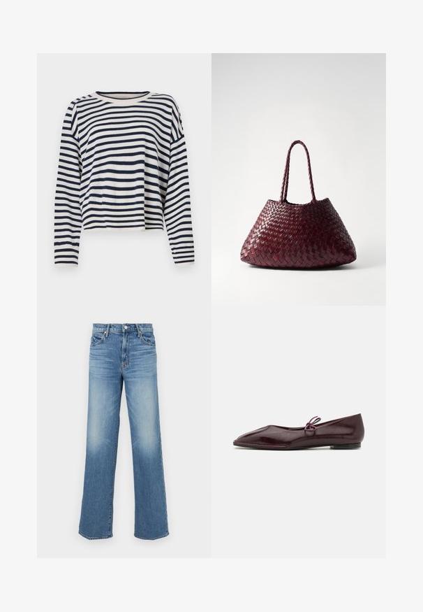 Langærmet sweater i bomuld med marineblå og cremefarvede vandrette striber, rund halsudskæring og cropped design med ribstrikkede detaljer.; Mother MID RISE TUNNEL VISION SNEAK SUPERIOR - Jeans Relaxed Fit - blue denim; Ballethæle i bordeaux laklæder med spids tå og en dekorativ lilla sløjfe på forfoden; flad såldesign.; DRAGON DIFFUSION SANTA CROCE BIG - Håndtasker - bordo
