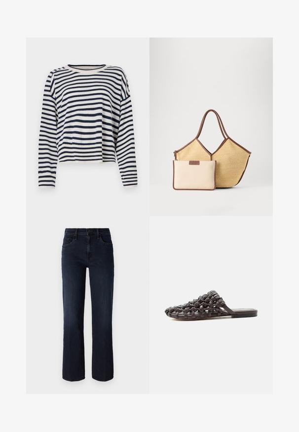 Katoenen trui met lange mouwen, voorzien van marineblauwe en crèmekleurige horizontale strepen, een ronde halslijn en een cropped ontwerp met geribbelde accenten.; Mother THE MID RISE RAMBLER - Straight leg jeans - dunkelblau; Platte zwarte slidesandaal met bovenwerk van geweven leer en open teenontwerp, liggend op een witte ondergrond.; Beige geweven draagtasje met bruine biezen en handvatten, vergezeld van een kleinere beige pouch met bruine randen en een ritssluiting.