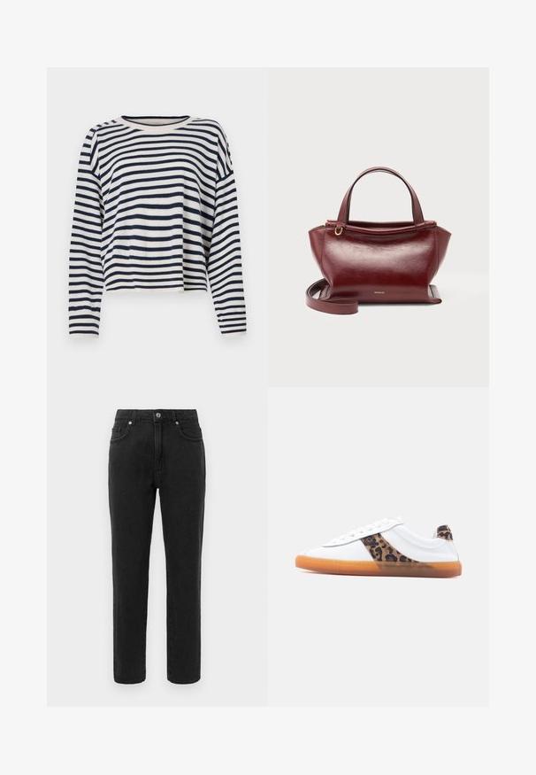 Pull en coton à manches longues avec des rayures horizontales bleu marine et crème, un col rond et un design court avec des accents côtelés.; Jean en denim noir avec une coupe droite, style à cinq poches standard et une fermeture à boutons. Présente des détails de couture subtils.; Baskets blanches basses avec semelle en gomme et accents à imprimé léopard sur le panneau latéral et la languette du talon, présentées de profil sur un fond uni.; Sac à main en cuir rouge foncé avec doubles poignées supérieures, bandoulière amovible, ferrures dorées et nom de la marque Wandler au centre avant.