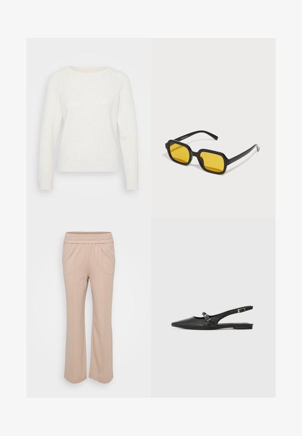Hvid strikket sweater med lange ærmer, rund halsudskæring og ribbet kant. Blød tekstur med en let fuzzy overflade. Ingen synlige mønstre.; Lys beige bukser med elastisk talje og afslappet pasform. Har lodrette sømme og et blødt, glat stof. Flared ben-design.; Sorte læder slingback-sko med spids tå, med en smal rem og en sølvspænde-detalje på siden. Flad sål.; Sorte rektangulære solbriller med gule linser. Funktioner inkluderer tykke stel og kantet design med en glat, blank finish.