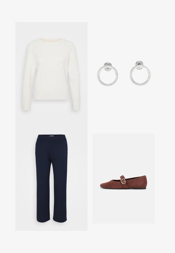 Suéter blanco de punto con mangas largas, escote redondo y bajo acanalado. Textura suave con una apariencia ligeramente difusa. Sin patrones visibles.; Pantalones rectos de color azul marino, confeccionados en una tela elástica, que cuentan con una cinturilla plana y dos bolsillos laterales para mayor funcionalidad.; Zapato plano Mary Jane de gamuza marrón con una correa de hebilla dorada y suela negra sobre fondo blanco.; Pendientes de aro de metal plateado con una textura cepillada, que presentan un diseño circular y un respaldo transparente para un uso seguro.