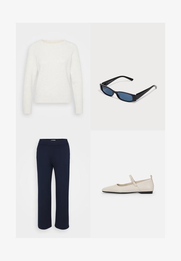 Hvid strikket sweater med lange ærmer, rund halsudskæring og ribbet kant. Blød tekstur med en let fuzzy overflade. Ingen synlige mønstre.; Marineblå lige ben bukser lavet af strækbart stof, med en flad talje og to sidelommer for funktionalitet.; Hvide ballerinasko i læder med spids tå, ankelsnor og lav sort hæl. Glat tekstur med minimale detaljer.; Sorte solbriller med en slank rektangulær ramme og blå linser. Har en glat overflade og robuste stænger. Mærkets logo på siden.