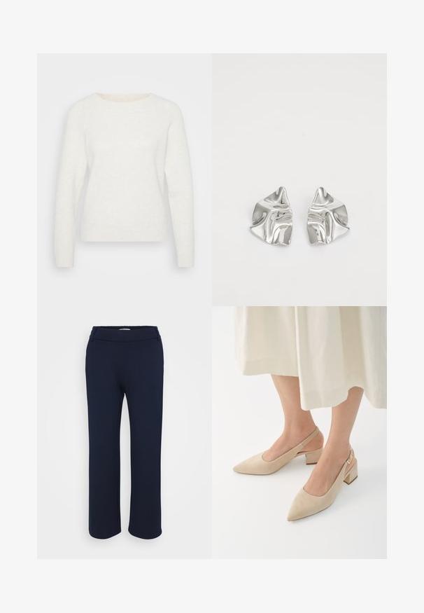Hvid strikket sweater med lange ærmer, rund halsudskæring og ribbet kant. Blød tekstur med en let fuzzy overflade. Ingen synlige mønstre.; Marineblå lige ben bukser lavet af strækbart stof, med en flad talje og to sidelommer for funktionalitet.; Beige ruskinds slingback pumps med spidse tæer og blokhæle. Designet har udskæringer i siderne og en gylden spændeaccent.; Sølvmetal øreringe med et bølgende, skulpturelt design, der har en poleret overflade og uregelmæssige former, hvilket fremhæver en moderne æstetik.