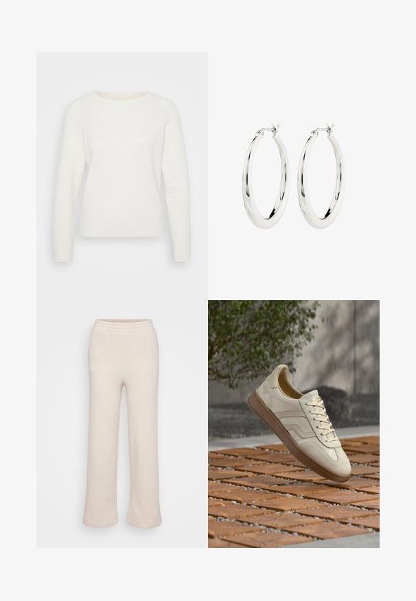 Hvid strikket sweater med lange ærmer, rund halsudskæring og ribbet kant. Blød tekstur med en let fuzzy overflade. Ingen synlige mønstre.; Beige sweatpants med et bredt ben-design, lavet af blødt materiale. Har en elastisk talje og detaljer ved sidesømmene. Glat tekstur.; Sneakers i cremefarve med en struktureret beige gummisål, snøredesign og diskret brand på siden. Overdel i glat læder.; Sølvøreringe i form af hoops med en glat, blank finish. Cirkulær form, der har en sikker lås. Simpelt og elegant design.