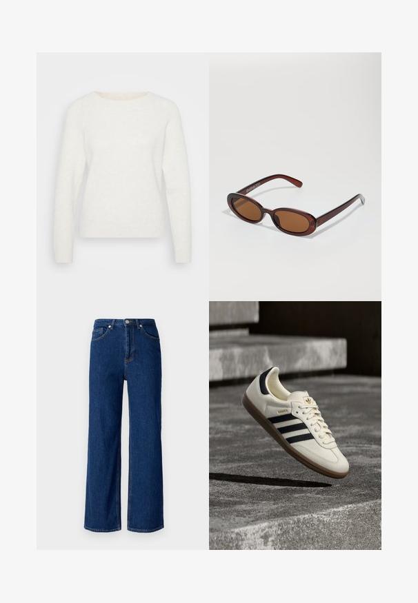 Suéter blanco de punto con mangas largas, escote redondo y bajo acanalado. Textura suave con una apariencia ligeramente difusa. Sin patrones visibles.; Pantalones vaqueros de pierna ancha en azul oscuro, con un diseño clásico de cinco bolsillos, costuras sutiles y un cierre de botón metálico en la cintura.; Zapatilla blanca Adidas Samba con franjas negras y suela de goma, flotando sobre escalones de hormigón gris texturizado.; Gafas de sol redondas con tinte marrón y un marco burdeos brillante. Patillas delgadas con un sutil detalle de marca. Diseño de lentes planos.