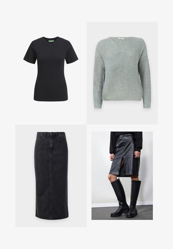 Lyseblå strikket sweater med V-hals, lange ærmer og et struktureret mønster. Har ribbede manchetter og kant.; Sort kortærmet t-shirt med rund halsudskæring, lavet af glat bomuldsstof, der har en slim fit og ingen synlige mønstre eller detaljer.; Sort denim midi-nederdel med lige skæring, fem-lommer design og knaplukning. Har en rå kant og en subtil falmet tekstur.; Sort læder blyantskirt med forkort slit, parret med knæhøje sorte støvler med lynlås og en kraftig sål for ekstra højde.