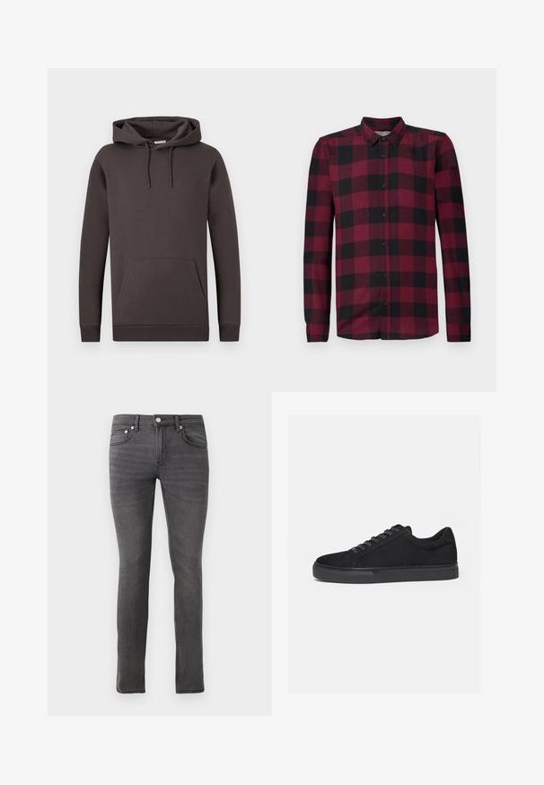 Brun bomulds hoodie med en kengurulomme, snøre i huen, ribbet manchetter og kant. Glat tekstur, minimalistisk design.; Langærmet skjorte med knaplukning i rød- og sortternet mønster, klassisk krave og tætsiddende manchetter.; Grå denimjeans med slim fit, der har et klassisk fem-lomme design, front lukning med knap og svag tekstureret detaljering over hele stoffet.; Sort lavtop sneaker med snørelukning foran og flad gummisål, vist fra siden på en hvid baggrund.
