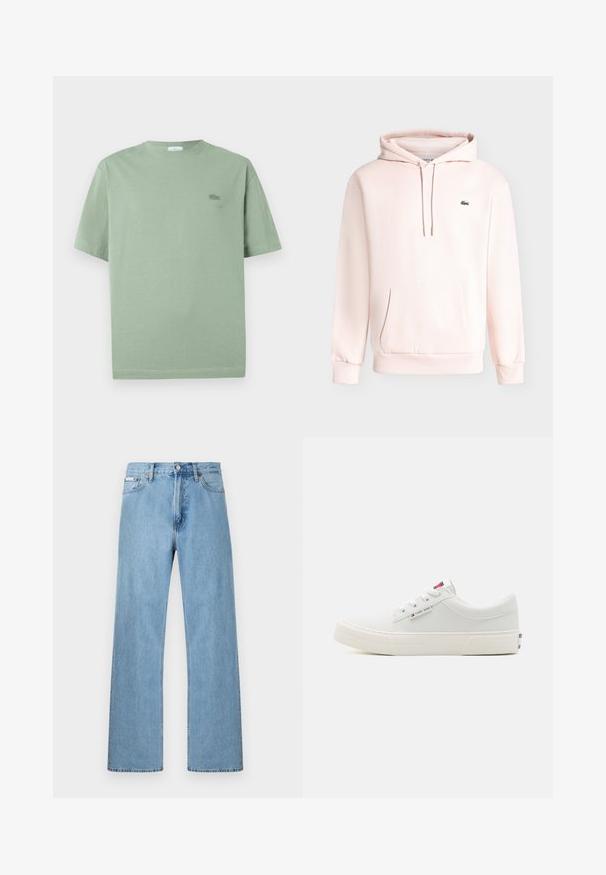 Hellrosa Kapuzensweatshirt mit Fronttasche und kleinem grünem Krokodil-Logo auf der linken Brust, auf einfarbigem Hintergrund dargestellt.; Hellgrünes T-Shirt mit kurzen Ärmeln aus Baumwolle, mit einem kleinen gestickten Logo auf der Brust und einem Rundhalsausschnitt.; Hellblaue gerade geschnittene Jeans im Five-Pocket-Design mit Knopfverschluss an der Taille, präsentiert vor einem schlichten Hintergrund.; Tommy Jeans SKATE DERBY - Sneaker low - white