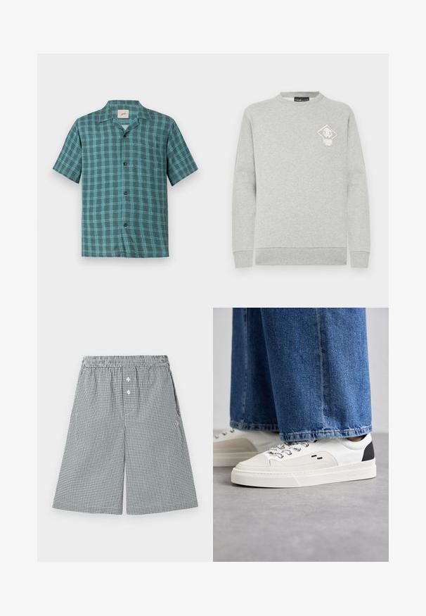 Sweat-shirt gris à manches longues, col rond et poignets côtelés. Présente un petit logo diamant blanc et or sur la poitrine. Texture douce.; Chemise à manches courtes en tartan teal et vert foncé, dotée d'une fermeture à boutons, d'une poche poitrine unique et d'un tissu doux à la texture lisse.; Shorts à motif vichy noir et blanc, fabriqués en tissu léger. Présentent une taille élastique et des détails en boutons à l'avant.; Baskets blanches et noires avec une tige en cuir lisse, des accents texturés et une semelle épaisse blanche. Présentent un design classique à lacets.