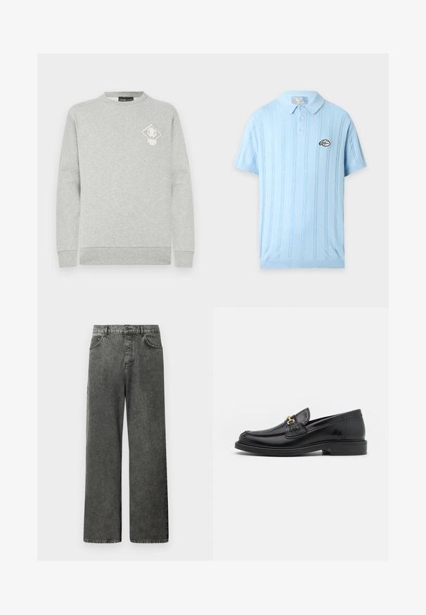 Grijze sweatshirt met lange mouwen, ronde hals en geribbelde manchetten. Voorzien van een klein wit en goud diamantlogo op de borst. Zachte textuur.; Lichtblauw poloshirt met korte mouwen en een verticaal kabelbreipatroon, drie knopen, kraag en een klein rond logo op de linkerborst.; Zwarte denim jeans met wijde pijpen, voorzien van voor- en achterzakken, riemlussen en een knoopsluiting in de taille.; Zwarte leren instappers met een ronde neus, voorzien van een gouden hardware accent en stikdetails, geplaatst op een lage, getextureerde rubberen zool.