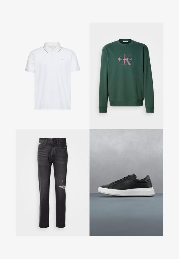 Sudadera verde con cuello redondo, mangas largas y un estampado gráfico que muestra "Calvin Klein" y el prominente logo "CK" en colores contrastantes.; Polo blanco de manga corta con tapeta de dos botones, ribete gris en el cuello y los puños, y pequeño logo "ck" bordado en el pecho.; Jeans de mezclilla negra con un diseño de pierna recta, detalles desgastados en la rodilla, estilo de cinco bolsillos y un sutil acabado deslavado.; Deportivas de cuero negro con un acabado suave, suela de goma blanca, forma redondeada, seis ojales para los cordones y un diseño sutil en el talón.