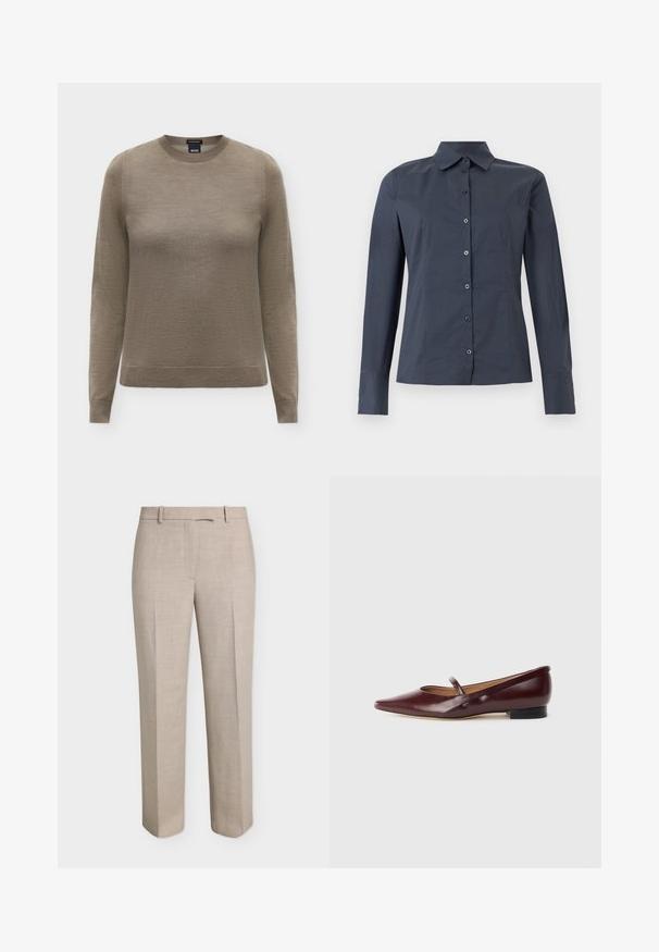 Pull marron à manches longues col rond avec poignets et ourlet côtelés, en tissu maille fine, présenté sur un fond neutre.; Chemise gris foncé à manches longues avec col pointu et coutures ajustées, présentée sur un fond blanc.; Pantalon beige droit sur mesure avec passants de ceinture, fermeture éclair devant et pli marqué sur fond blanc.; Chaussure plate en cuir verni bordeaux avec un bout pointu et une sangle décorative sur le cou-de-pied. Présente un petit talon noir.