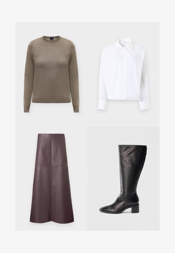 Brun langærmet crewneck-trøje med ribstrikkede manchetter og kant, lavet af fint strikstof, vist på en neutral baggrund.; Hvid skjorte med knapper, krave, lange ærmer og cropped design. Fremstillet af letvægtsstof med subtil tekstur og sidesømme.; Brun læder midi nederdel med en glat tekstur, udvidet facon, høj talje og rene linjer, med en detalje i form af en søm foran.; Sorte læderknæhøje støvler med firkantet tå, blokhæle og et stilrent design. Glat tekstur med en sideskift for nem påtagning.
