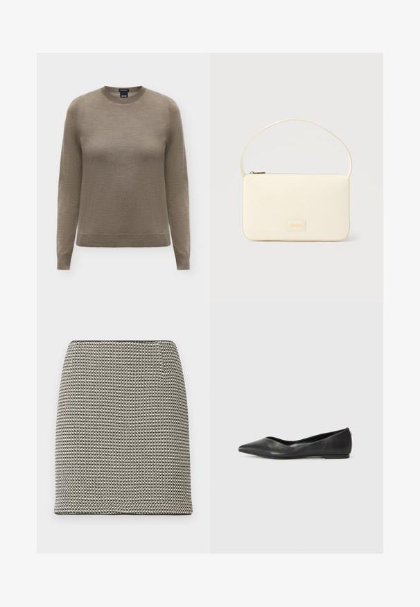 Brun langærmet crewneck-trøje med ribstrikkede manchetter og kant, lavet af fint strikstof, vist på en neutral baggrund.; Sort-hvid mininederdel med hundetandsmønster, lige snit, høj talje og uden synlige pyntegenstande eller lommer.; Sorte læder balletlejersko med spids tå, lav hæl og glat overflade. Minimalistisk design med en diskret sideaccent.; Kremfarvet rektangulær håndtaske med en enkelt rem og lynlås øverst, med en lille præget logo-plakette foran.