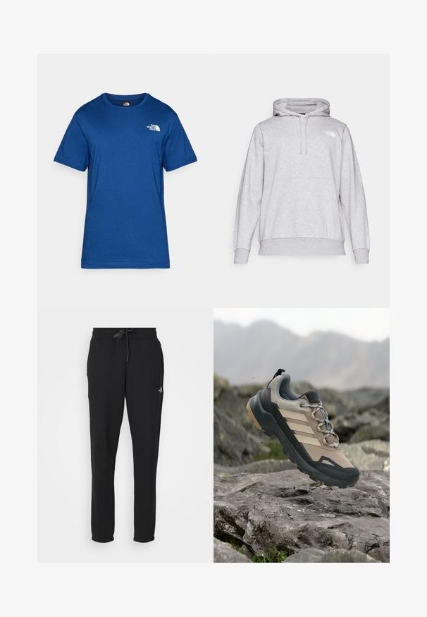 Sudadera ligera gris claro hecha de material suave, con un bolsillo tipo canguro, capucha ajustable con cordón y un pequeño logotipo en el pecho.; Camiseta corta de manga azul hecha de tejido suave, con cuello redondo y un pequeño logotipo blanco en el pecho. Diseño sencillo sin patrones.; Pantalones de chándal negros hechos de una tela suave, con una cintura elástica con cordón, corte ajustado y un logo en la pierna izquierda.; Zapatilla de senderismo beige y gris con suela negra y rayas, suspendida sobre terreno rocoso con fondo de montaña desenfocado.