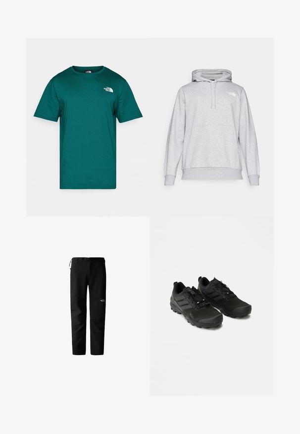 Hellgrau Hoodie aus weichem Material, mit Kängurutasche, verstellbarem Kordelzug an der Kapuze und kleinem Logo auf der Brust.; Türkisfarbenes Baumwoll-T-Shirt mit rundem Ausschnitt, kurzen Ärmeln und kleinem weißen Logo auf der Brust. Glatte Textur und legere Passform.; Schwarze Outdoor-Hosen mit schlankem Design, gefertigt aus einem strapazierfähigen, leichten Stoff. Mit Gürtel, Seitentaschen und einem Logo am Oberschenkel.; Schwarze Sportschuhe mit strukturiertem Obermaterial, strapazierfähiger Gummisohle und dezenten reflektierenden Akzenten; verfügen über ein Schnürsystem für einen sicheren Halt.