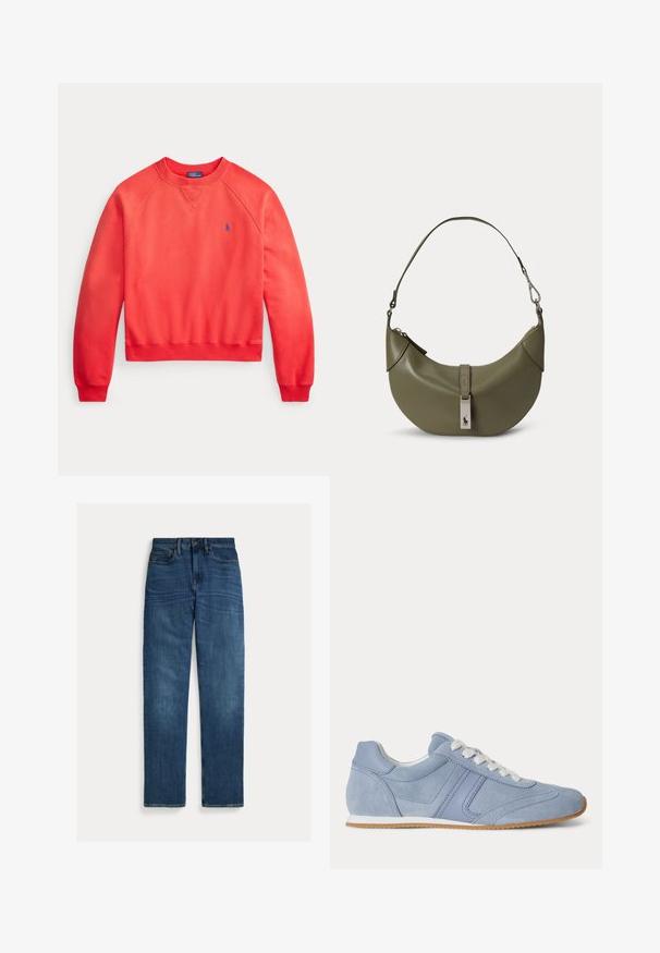 Rød crewneck sweatshirt med lange ærmer og et lille blåt broderet logo på venstre bryst, lagt fladt på en hvid baggrund.; Straight-leg blå denim jeans med fem lommer, knaplukning og subtil falmning på lår og knæ, lagt fladt på hvid baggrund.; Lyseblå ruskindssneaker med hvide snørebånd og gummisål vist fra siden på en hvid baggrund.; Olivengrøn halvmåneformet læderhåndtaske med en enkelt strop og en sølvspænde med et logo af en hest og rytter.