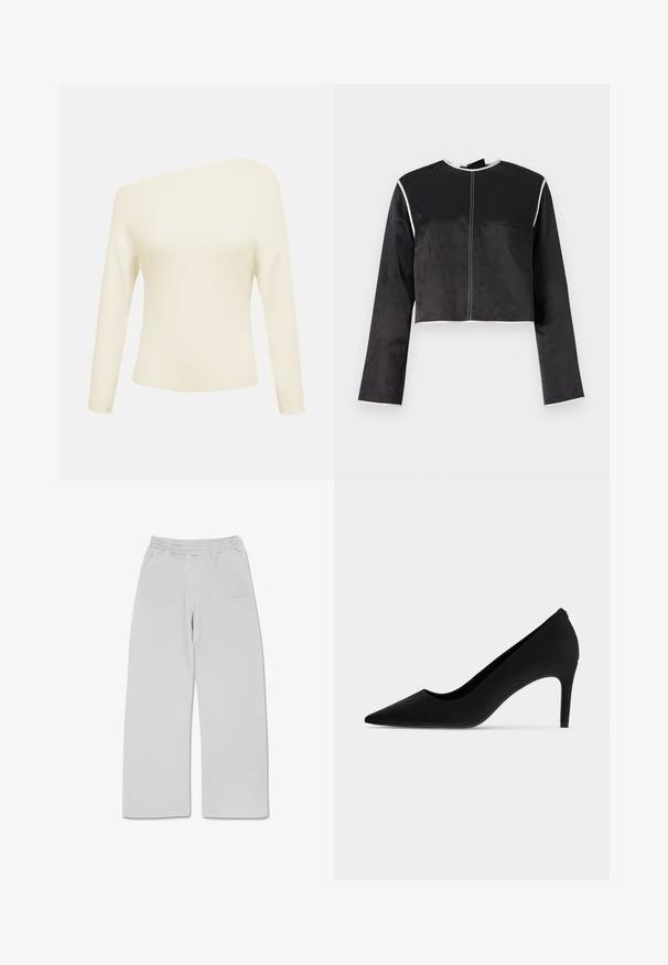 Kremfarvet off-shoulder ribstrikket sweater med lange ærmer og en talje, der sidder tæt, vist på en ensfarvet baggrund.; Afkortet sort satin top med lange ærmer, hvid piping langs halsudskæringen og ærmerne samt en central søm ned langs forsiden.; Lysegrå sweatpants lavet af blødt stof, med elastisk talje, to sidelommer og lige snit.; Sort højhælet sko med spids tå, en slank hæl og en glat mat finish, vist i sideprofil på hvid baggrund.