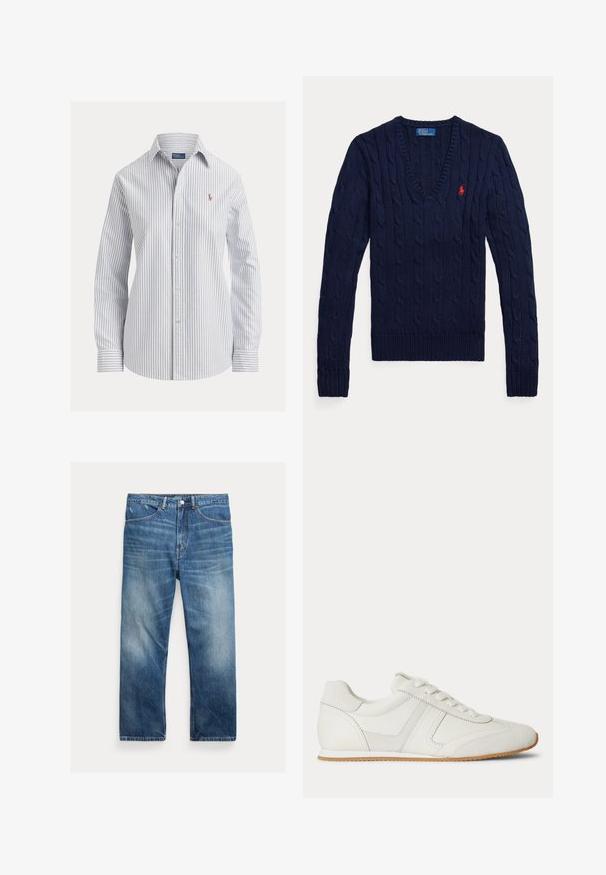 Navyblauwe kabelgebreide trui met V-hals, lange mouwen en een klein rood geborduurd Polo-logo op de linkerborst.; Wit overhemd met knopen, dunne verticale blauwe strepen, lange mouwen, puntige kraag en klein geborduurd logo op de borst.; Blauwe gewassen spijkerbroek met rechte pijp, voorzakken, riemlussen en vervaagde details op dijen en knieën.; Witte lage sneaker met veters aan de voorkant, suède en leren panelen, en een lichtbruine rubberen zool op een witte achtergrond.