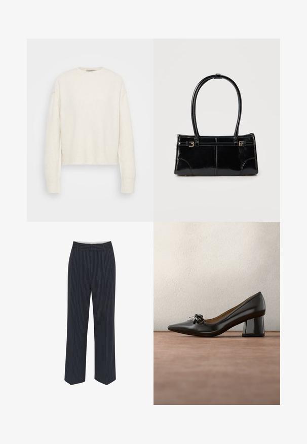 Pull en tricot blanc avec un col rond et une silhouette décontractée. Il présente des poignets et un ourlet côtelés, fabriqué à partir d'un matériau texturé doux.; Pantalons bleu marine avec des rayures verticales blanches, design à jambes larges, tissu lisse, passants de ceinture et pli sur le devant pour un look ajusté.; Talons aiguilles en cuir noir avec un talon bloc et un petit nœud décoratif, posés sur un sol gris avec un mur vert foncé en arrière-plan.; Sac à main rectangulaire noir brillant avec deux fines bretelles et petits détails de boucles dorées à l'avant.