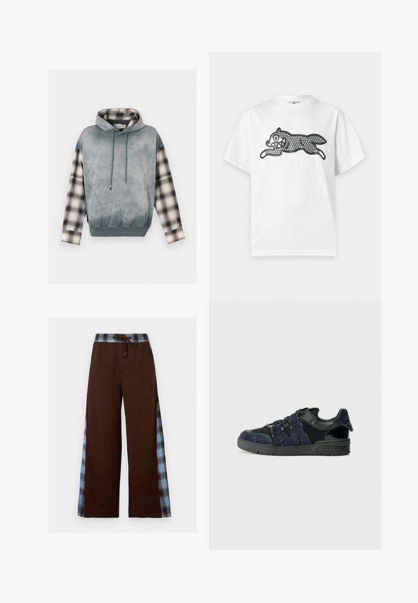 Kapuzensweatshirt mit anthrazitfarbenem Körper, karierten langen Ärmeln, Fronttasche und verstellbarer Kordelzugkapuze.; Weißes Kurzarm-T-Shirt mit einem schwarzen, stilisierten Muster eines springenden Tieres aus kleinen kreisförmigen Mustern auf der Vorderseite.; Braune Hose mit weitem Bein, blauen und schwarzen karierten Seitenstreifen und Kordelzug in der Taille.; Schwarze und marineblaue Sneakers aus Wildleder und Mesh-Materialien, mit einer dicken Sohle und einem markanten Ausschnitt in Form eines "M"-Details an der Seite.