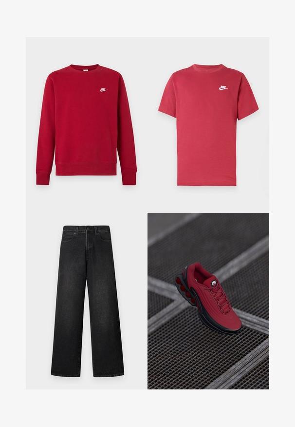Rode lange mouwen crewneck trui met klein wit Nike-logo op de linkerborst bovenaan, eenvoudig ontwerp, geribde boorden en zoom.; Rood Nike T-shirt met korte mouwen en een wit logo op de linkerborst, ronde hals en een effen ontwerp, afgebeeld op een neutrale achtergrond.; Zwarte wijde spijkerbroek met hoge taille, ontwerp met vijf zakken en een enkele knoopsluiting aan de voorkant. Gladde textuur met minimale details.; Rode sneaker met een gestructureerde bovenkant, voorzien van zwarte accenten en een opvallend ontwerp van luchtkussensole. Veters en logo zijn zichtbaar aan de bovenkant.