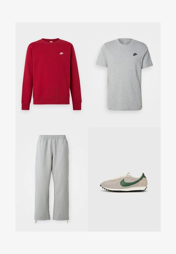Červená mikina s dlhým rukávom a okrúhlym výstrihom, malé biele logo Nike na ľavej hornej strane na hrudi, jednoduchý dizajn, rebrované manžety a spodný lem.; Sivý krátky rukáv T-shirt vyrobený z bavlny, s čiernym logom Nike na hrudi a okrúhlym výstrihom. Minimalistický dizajn bez vzorov.; Sivé tepláky s elastickým pásom, rovným strihom a šnúrkami na leme. Vyrobené z mäkkej, textúrovanej látky.; Bežové bežecké topánky so zelenými semišovými akcentmi, textúrovaný sieťovaný zvršok, krémové šnúrky a čierna gumová podrážka s protišmykovými hrotmi.