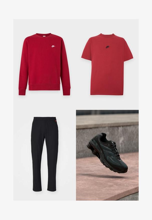 Červená mikina s dlhým rukávom a okrúhlym výstrihom, malé biele logo Nike na ľavej hornej strane na hrudi, jednoduchý dizajn, rebrované manžety a spodný lem.; Červené bavlnené tričko s čiernym logom Nike na hrudi, krátkymi rukávmi, okrúhlym výstrihom a pravidelným strihom. Hladká textúra.; Čierne úzke nohavice vyrobené z hladkej, ľahkej tkaniny, s predným zipsom a dvoma bočnými vreckami. Oranžový logo detail na pásku.; Čierna atletická teniska s viditeľnou medzipodrážkou s air cushioning, ktorá visí nad ružovým kamenným povrchom s pozadím sivej kamennej steny.