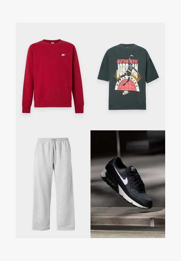 Sweatshirt vermelha de manga comprida com gola redonda, pequeno logótipo branco da Nike no peito superior esquerdo, design simples, punhos e bainha canelados.; T-shirt preta de algodão com mangas curtas, apresentando um design gráfico colorido de um jogador a enterrar, elementos de texto e o logótipo da Nike.; Calças de treino cinza claro com cintura elástica, feitas de uma mistura suave de algodão, apresentando pernas largas e uma textura suave. Sem bolsos visíveis.; Ténis Nike Air Max pretos e cinzentos com o símbolo branco, suspensos acima de uma superfície de betão contra um fundo escuro e desfocado.