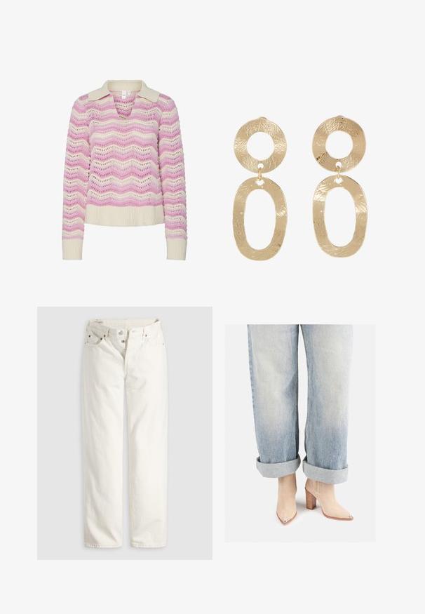 Strikket sweater med v-hals og kort krave, i et bølge mønster i pink og creme. Strukturret, med ribbede ærmer og kant.; Hvide jeans med høj talje, lige ben, knaplukning, lommer foran og bagpå samt synlige kobbernitter i lommekanterne.; Beige ruskinds ankelstøvler med spids tå og metallisk hældetalje, parret med lysblå opkrøllede denimjeans.; sweet deluxe Øreringe - gold-coloured