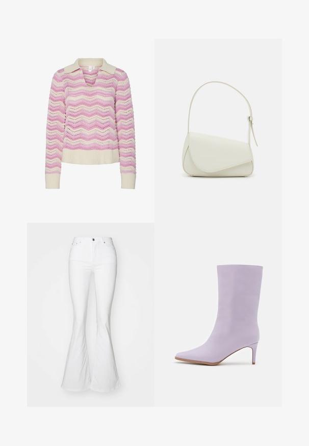 Strikket sweater med v-hals og kort krave, i et bølge mønster i pink og creme. Strukturret, med ribbede ærmer og kant.; Hvide flagrende jeans med høj talje, lavet af denim. Har en frontknaplukning og fem lommer. Glat, struktureret stof.; Even&Odd by Zalando Høje støvler/ Støvler - purple; Hvid taske i faux læder med en struktureret trekantet form, enkelt justerbart skulderstrop og en flaplås med kurver.