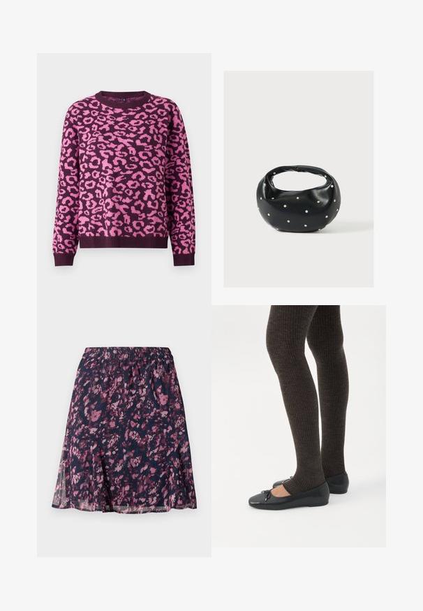 Paarse trui met een roze luipaardprintpatroon, ronde halslijn en geribbelde manchetten. Gemaakt van zachte gebreide stof met een comfortabele pasvorm.; Marine rok met elastische tailleband, voorzien van een abstract bloemenpatroon in roze en paars en een licht uitlopende zoom.; Benen met donkere geribbelde leggings gecombineerd met zwarte ballerina's met kleine strikdetails op een witte achtergrond.; Zwarte leren handtas met een afgeronde vorm, versierd met zilveren studs, en een korte handgreep. Gladde textuur en ritsluiting.
