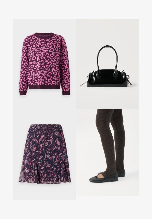 Pull violet avec un motif léopard rose, encolure ronde et poignets côtelés. Fabriqué en tissu tricoté doux avec une coupe décontractée.; Jupe marine avec taille élastique, ornée d'un motif floral abstrait rose et violet et d'un ourlet légèrement évasé.; Jambes portant des leggings côtelés foncés associés à des ballerines noires avec de petits détails en nœud sur fond blanc.; Petit sac à main noir brillant avec deux longues anses et des détails à cordon sur les côtés sur un fond clair uni.