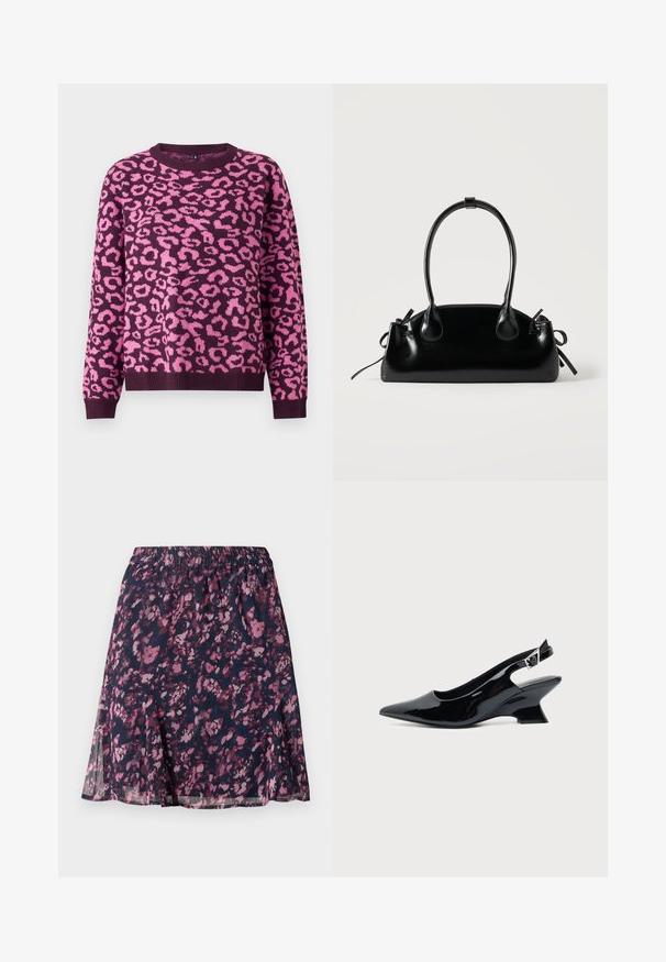 Suéter morado con un patrón de estampado de leopardo rosa, escote redondo y puños acanalados. Fabricado en suave tejido de punto con un corte relajado.; Falda marina con cintura elástica, que presenta un patrón abstracto de flores en tonos rosa y púrpura, y un dobladillo ligeramente acampanado.; Zapato slingback de cuero charol negro con puntera puntiaguda y tacón bajo en bloque inclinado sobre fondo claro liso.; Pequeño bolso negro brillante con dos asas largas y detalles de cordón lateral sobre un fondo claro liso.