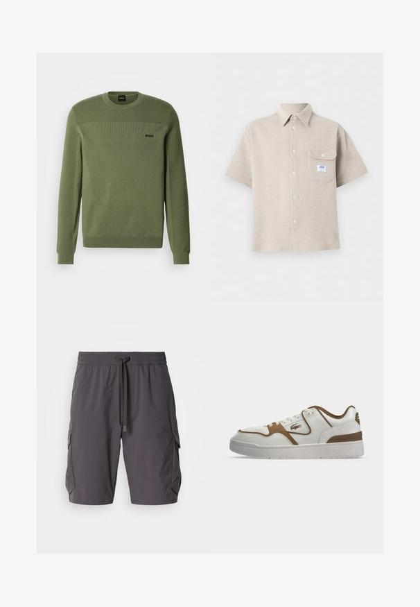 Suéter verde oliva con cuello redondo, patrón de tejido texturizado, puños y dobladillo acanalados. Presenta un logo sutil en el pecho.; Camisa beige de manga corta con botones, tejido texturizado, cuello puntiagudo y un bolsillo en el pecho con botón que presenta una pequeña etiqueta blanca y azul.; Pantalones cortos cargo grises hechos de un tejido ligero, con cintura elástica y cordón, bolsillos laterales y un ajuste ligeramente holgado.; Zapatilla baja blanca y marrón con cordones delanteros, logo del cocodrilo de Lacoste en el lateral y suela blanca gruesa con el nombre de la marca en relieve.