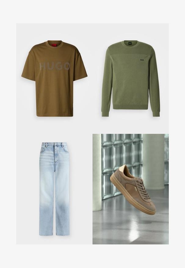 Olijfgroene trui met een ronde hals, een gestructureerd breipatroon, geribbelde boorden en zoom. Voorzien van een subtiel logo op de borst.; Olijfgroene katoenen t-shirt met een ronde hals en korte mouwen, met een groot grijs "HUGO" logo op de voorkant gedrukt.; Lichtblauwe, hoog getailleerde, rechte jeans met voorzakken, riemlussen en een knoopsluiting.; Beige casual sneaker met veters en "BOSS"-logo zwevend boven een gepolierde betonnen vloer met achtergrond van een glazen blokken muur.