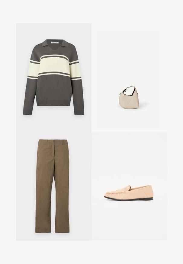 Pull-over gris à manches longues avec de larges rayures horizontales crème et de fines rayures gris foncé, col en V.; Pantalons droits marron en tissu mélangé de coton. Comprend des passants de ceinture, une poche avant et une texture lisse sans motifs.; Mocassins en cuir beige avec des détails brodés, une semelle noire plate et un bout arrondi. Design minimaliste sans quincaillerie ou accents visibles.; Sac à main en cuir beige en forme de croissant avec une seule bandoulière et des coutures minimalistes, posé sur un fond blanc uni.