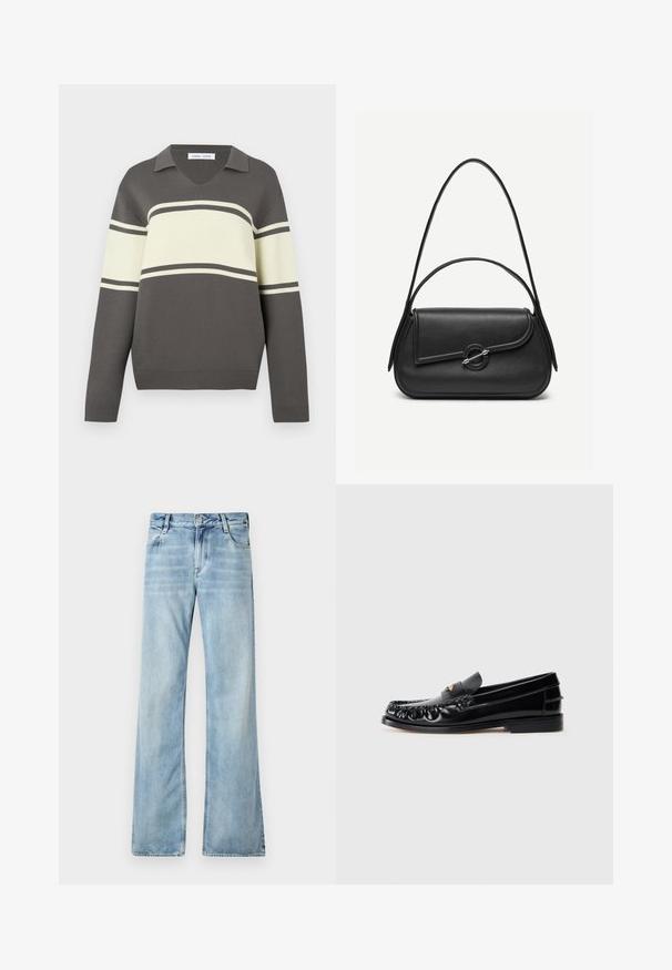 Langærmet grå sweatshirt med brede cremefarvede og smalle mørke grå horisontale striber samt en V-hals.; Lyseblå flagrende jeans lavet af denim, med fem lommer, knaplukning og let blødgøring for en slidt effekt.; Sorte læder loafers med rund tå, dekorativ sying og en lille gul accent på vampen. Flad gummisål, slankt design.; Sort læderhåndtaske med afrundede kanter, asymmetrisk klap, metalcirkulært spænde samt både korte og lange skulderstropper.