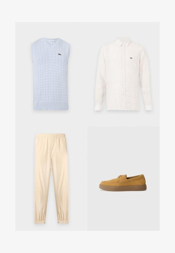 Gilet sans manches en tricot de câble bleu clair avec col en V et petit logo crocodile vert brodé de Lacoste sur la poitrine gauche.; Chemise à rayures claires avec des manches longues, col boutonné et un petit logo vert sur la poche gauche de la poitrine. En coton.; Pantalon beige clair à taille élastique avec poignets froncés, coupe droite et tissu lisse, présenté sur un fond clair uni.; Chaussures slip-on en suède marron avec une finition texturée, un bout rond et une semelle en caoutchouc contrastante. Présente une marque discrète près du talon.