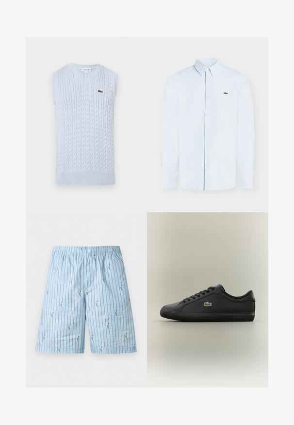 Gilet sans manches en tricot de câble bleu clair avec col en V et petit logo crocodile vert brodé de Lacoste sur la poitrine gauche.; Chemise bleu clair à manches longues avec boutons, col boutonné et petit logo crocodile vert sur la poitrine gauche.; Shorts pour hommes bleu clair avec fines rayures verticales noires et petites formes abstraites noires, dotés d'une ceinture élastique.; Baskets en cuir noir avec une texture lisse, bout rond, six œillets, et un logo Lacoste vert sur le côté. Semelle en caoutchouc à profil bas.
