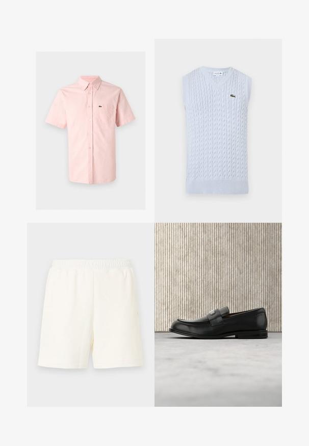 Gilet sans manches en tricot de câble bleu clair avec col en V et petit logo crocodile vert brodé de Lacoste sur la poitrine gauche.; Chemise rose pâle à manches courtes avec col pointu et poche poitrine ornée d'un petit logo crocodile vert.; Shorts à genoux de couleur blanc cassé avec une ceinture élastique et sans poches visibles, présentés sur un fond clair uni.; Mocassin en cuir noir avec une plaque de marque en métal reposant près d'une table ronde marron sur un sol recouvert de moquette beige.