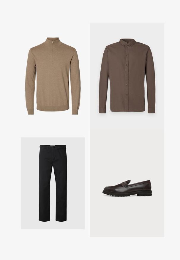 Pull en maille marron à manches longues avec un col montant et une courte fermeture éclair à l'avant, poignets et ourlet côtelés.; Chemise marron foncé à manches longues avec col classique, huit boutons sur le devant et un tissu lisse et léger.; Pantalon noir à jambes droites avec passants de ceinture et fermeture par bouton à la taille, présenté sur un fond clair uni.; Mocassin penny en cuir et daim marron foncé avec semelle épaisse en caoutchouc noir, profil latéral sur fond blanc.