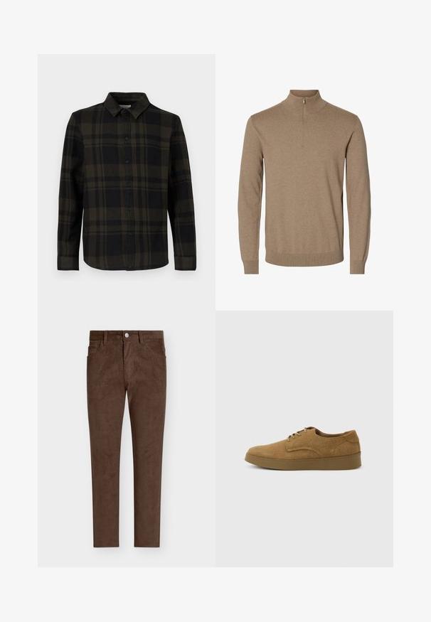 Pull en maille marron à manches longues avec un col montant et une courte fermeture éclair à l'avant, poignets et ourlet côtelés.; Chemise à carreaux noirs et verts foncés en tissu, avec patte de boutonnage, manches longues et col classique.; Pantalon en velours côtelé marron à coupe droite, avec fermeture à bouton, poches avant et texture côtelée verticale sur l'ensemble.; Chaussure décontractée à lacets en daim marron avec semelle en caoutchouc plate, vue de côté sur un fond clair uni.